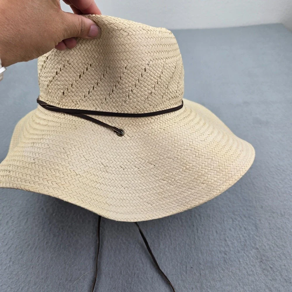 Unisex Sun Hat OS Beige Straw Braided Wide Brim Beach Leather Chin Cord Cap